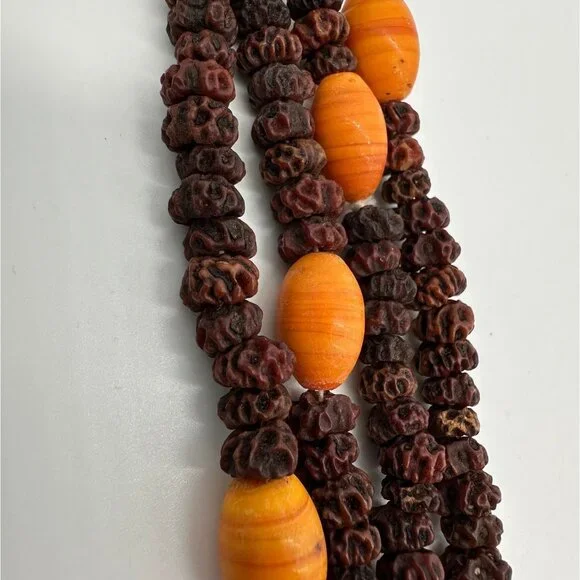 Seed Necklaces Beaded Handmade Natural Orange Brown Botanical Folk Art Set of 2 - Picture 7 of 8